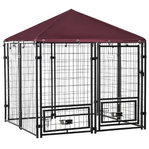 PawHut Outdoor Dog Kennel with Rotating Bowl Holders, Dog Playpen Fence with Waterproof Cover, 4.6' x 4.6' x 5', Red - 1 of 4