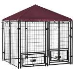 PawHut Indoor/Outdoor Metal Dog Kennel, Dog House with Lock, Weather Resistant Canopy and 2 Bowl Holders and Bowls, 4.6' x 4.6' x 5', Black / Red