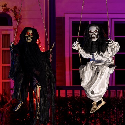 Joyfy 2 Packs 3ft Halloween Hanging Ghosts Outdoor Decor, Scary Grim Reaper Swinging Flying Skeleton with Lighted Up Eyes for Yard Patio Lawn Garden