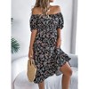 Women's Summer Floral Dresses Ruffle Puff Short Sleeve Square Neck Flowy A Line Midi Dress Black Medium - 4 of 4