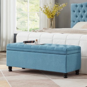 VYNXARIA Light Blue Linen Tufted Button Storage Bench - Style Meets Utility - 1 of 4