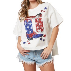 Women's Country Patriotic Stars Embroidery Tee - Peach Love - 1 of 4