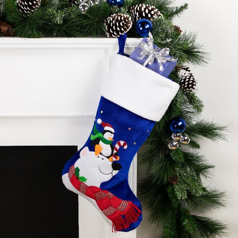 Northlight 24" Large Penguin and Bear Blue Velveteen Christmas Stocking with White Cuff, 2 of 7