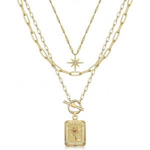 2-Piece Layered Necklace Set - 14K Gold Plated Star & Flower Paperclip Choker - 1 of 4