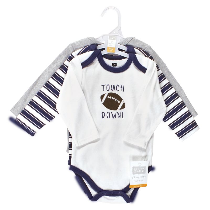 Hudson Baby Infant Boy Cotton Long-Sleeve Bodysuits, Football Buddy 3-Pack, 2 of 6