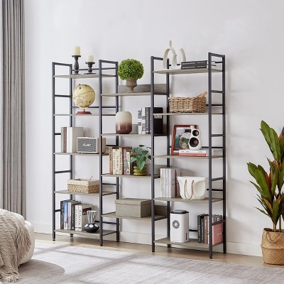 KTMBDW Triple Column 5 Tier Bookshelf, Bookcase with 14 Open Display Shelves, Rustic Industrial Style Book Shelves for Bedroom, Living Room, Gray