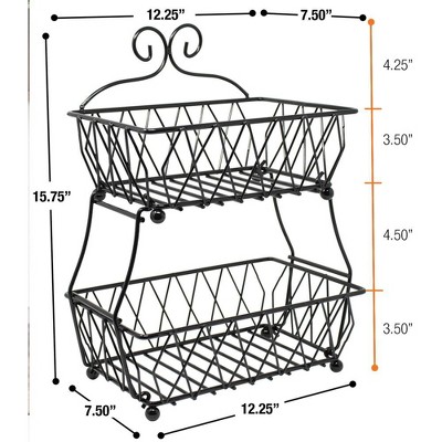Black Metal 2-Tier Rectangular Fruit Basket Stand
