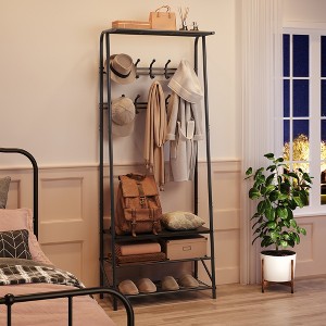 Coat and Shoe Rack, Coat Stand with Shoe Storage Bench, Wood and Metal Frame, with Hooks, a Clothes Rail, for Hallway, Entrance, Bathroom - 1 of 4