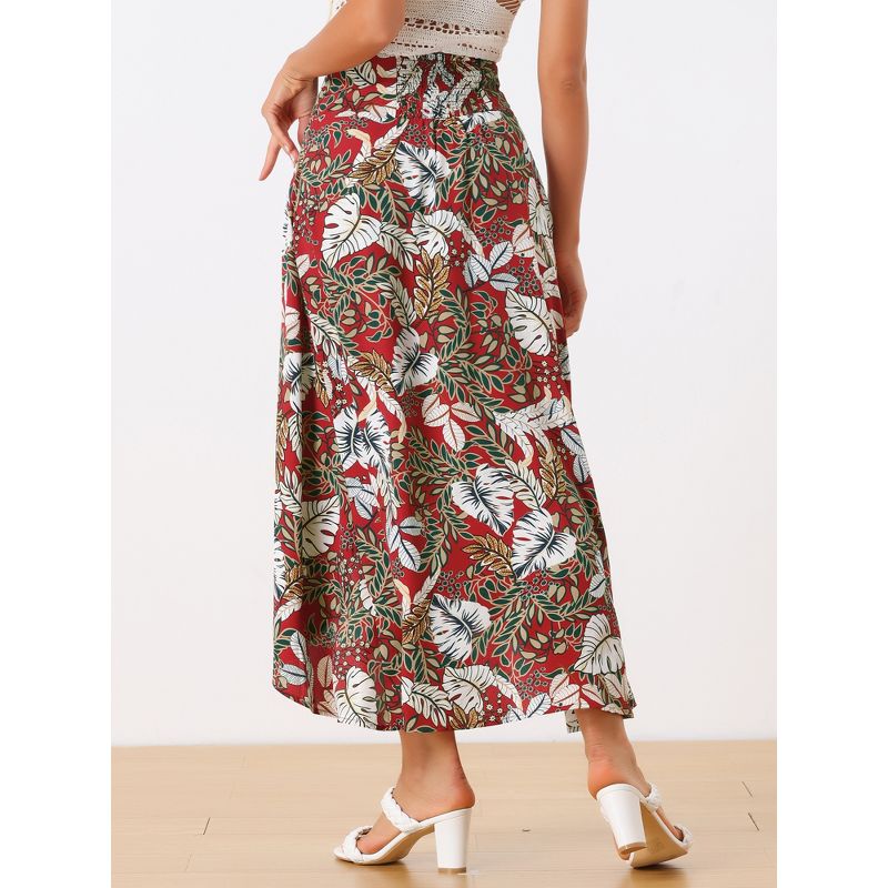 Allegra K Women's Tropical Smocked Waist High Low Flowy Maxi Skirt, 3 of 6