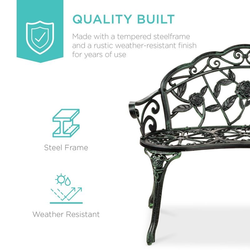 Best Choice Products Outdoor Bench Steel Garden Patio Porch Furniture w/ Floral Accent, Antique Finish, 3 of 10