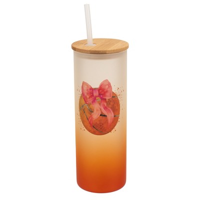 Elanze Designs 25 Ounce Frosted Glass Gradient Travel Tumbler With Straw and Wooden Lid, Basketball With Pink Bow Orange