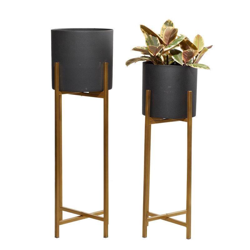 Set of 2 Modern Metallic Metal Planters with Stands Black - Olivia &#38; May, 1 of 4