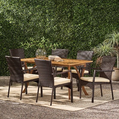 Christopher Knight Home Caprise Outdoor Acacia Wood and Wicker 7 Piece Dining Set with Cushions