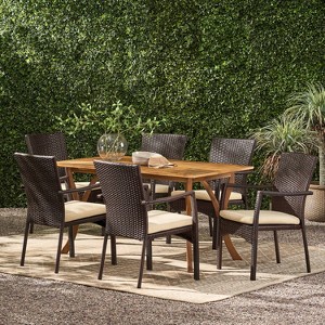 Christopher Knight Home Caprise Outdoor Acacia Wood and Wicker 7 Piece Dining Set with Cushions - 1 of 4