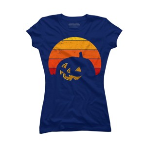Junior's Design By Humans Vintage Retro Sunset Halloween Pumpkin I By lemonpepper T-Shirt - 1 of 3