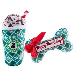 Starbarks Puppermint Mocha Green Stars Cup & Bone | Christmas Dog Toys - 1 of 4