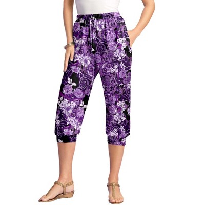 Roaman's Women's Plus Size Ankle-Length Essential Stretch Legging, 2X -  Purple Rose Paisley