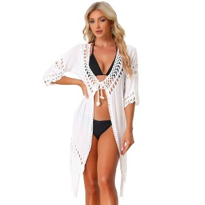 Allegra K Women's Tassel Tie Front Flowy Beach Bikini Crochet Swim Cover Ups - 1 of 4
