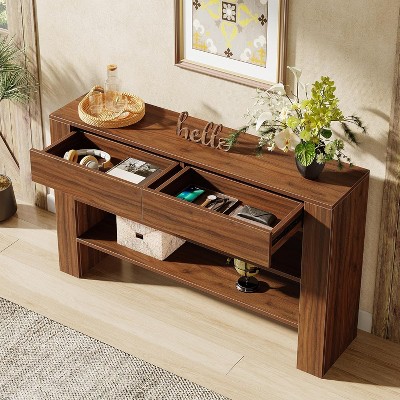 Tribesigns 53.15"Console Table with 2 Drawers, 3-Tier Entryway Table with Storage for Living Room, Sofa Console for Foyer, Hallway, Dark Walnut