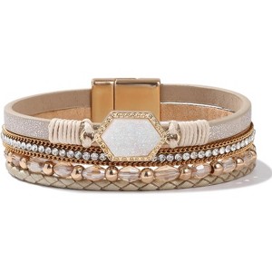 Crystal Beaded Leather Wrap Bracelet with Resin Stone Center, Stackable Boho Cuff with Magnetic Clasp for Women - 1 of 4