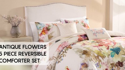 Ivory Floral Cotton Sateen Reversible Queen Comforter Set