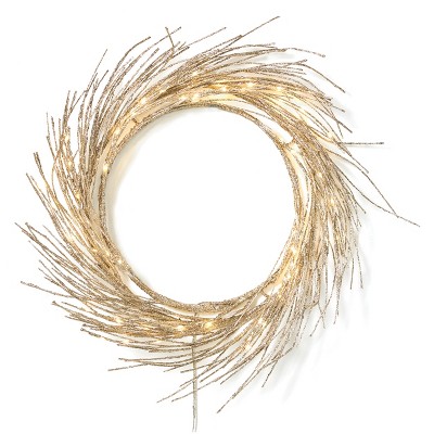 GDFStudio Attola 24" Pre-Lit Artificial Twig Christmas Garland/Wreath Warm White Lights, Champagne Glitter