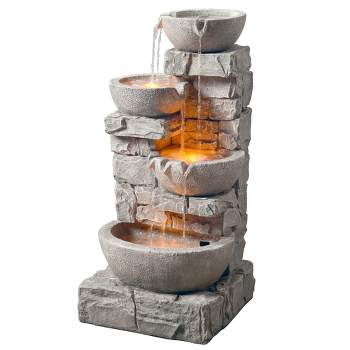 Teamson Home Stacked Stone Tiered Bowl Fountain with LED Light, Gray