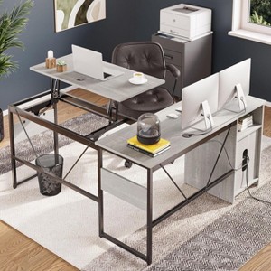 Bestier Versatile 60" L-Shaped Standing Desk, Height Adjustable (30-39"H) Sit to Stand Home Office Desk with Storage Cabinet & Hooks - 1 of 4