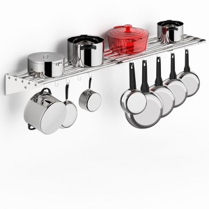 24" x 12" Stainless Steel Wall Shelves with 10 Hooks, Metal Slat Floating Shelf Wall Mount with Triangular Structure for Kitchen Restaurant Garage - 1 of 4