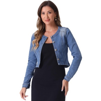 Allegra K Women's Collarless Button Down Crop Jean Denim Jackets