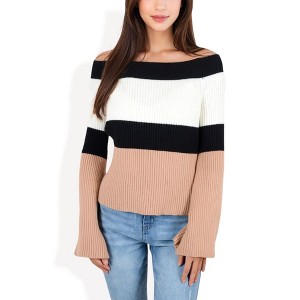 Anna-Kaci Women's Off-Shoulder Ribbed Knit Sweater with Color Block Design - 1 of 4