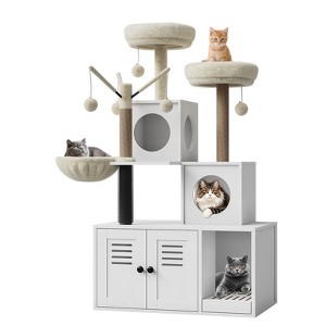 54.3" 2-in-1 Cat Tree with Hidden Litter Box, Plush Perch, Scratching Posts, Caves, and Removable Pompom Toys – Modern Cat Condo for Climbing & Play - 1 of 4