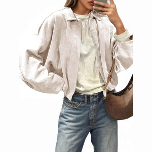 Imily Bela Womens Faux Suede Bomber Jackets Oversized Cropped Zip Up Lapel Coats Fall Casual Outerwears - 1 of 4