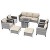 Sonkuki 8 Pieces Patio Sofa with Square Fire Pit Table and Ottomans, Wicker Conversation Couch, Light Gray Cushion - 2 of 4