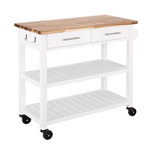 Acacia Wood Top Rolling Kitchen Cart Island Table with Drawers, 38.4" W x 18.5" D, White - 1 of 4