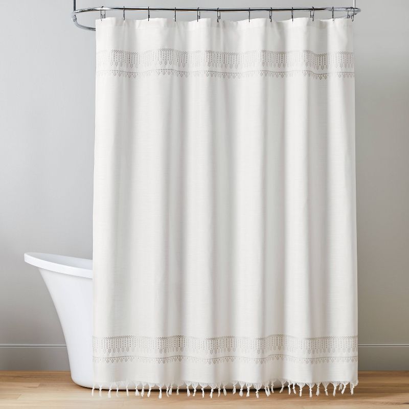 Embroidered Border Stripe Woven Shower Curtain Taupe - Hearth &#38; Hand&#8482; with Magnolia, 1 of 7