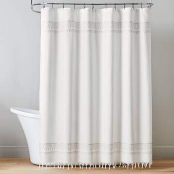 Embroidered Border Stripe Woven Shower Curtain Taupe - Hearth & Hand™ with Magnolia
