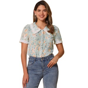 INSPIRE CHIC Women's Peter Pan Collar Lace Trim Embroidered Casual Floral Blouse - 1 of 4