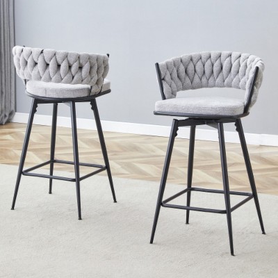 beige 2-pack swivel bar stools with breathable cotton-linen cushions and rust-proof electroplated metal frames.