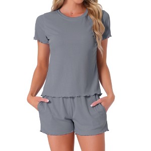 INSPIRE CHIC Women's Ribbed Knit Soft Short Sleeve Top and Shorts Ruffled Lounge Set Pajama Set with Pocket - 1 of 4