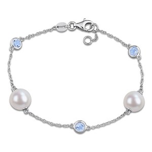 EVERLY JEWELRY | Sterling Silver 7/8 CT TGW Sky Blue Topaz And 8.5 - 9 MM White Freshwater Cultured Pearl Bracelet With Chain, 7 inc+ 0.5 inc - 1 of 4