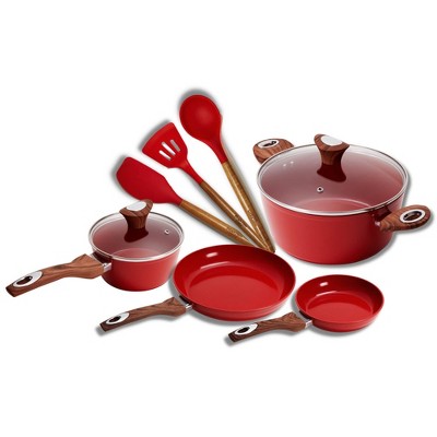 NEW 9-Piece Simple Cooking Nonstick Cookware Set (Red)