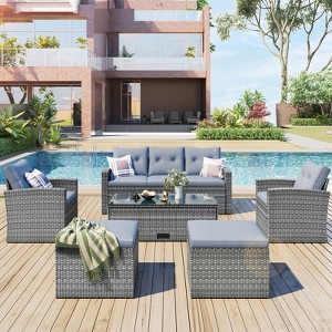 VisioGear 6-piece Patio Conversation Sectional Set with Coffee Table, Sofas, Ottomans, Removable Cushions for Backyard, Grey, 23.6"*23.6"*16.9" - 1 of 4