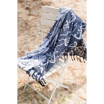 Navy and White Cotton Nautical Anchor Throw Blanket with Fringe