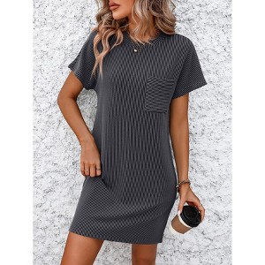 Women's Summer Mini Dress Chest Pocket Short Sleeve Crewneck Ribbed T-Shirt Dress Casual A-Line Beach Vacation Dress - 1 of 4