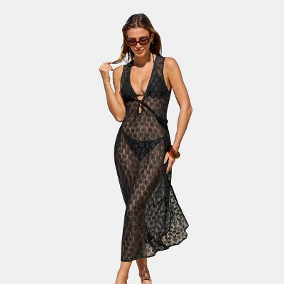 Women's Knit Black Sheer Midi Swimsuit Cover-Up Dress with Daisy Pattern and Front Tie Detail - Cupshe
