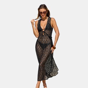 Women's Knit Black Sheer Midi Swimsuit Cover-Up Dress with Daisy Pattern and Front Tie Detail - Cupshe - 1 of 4