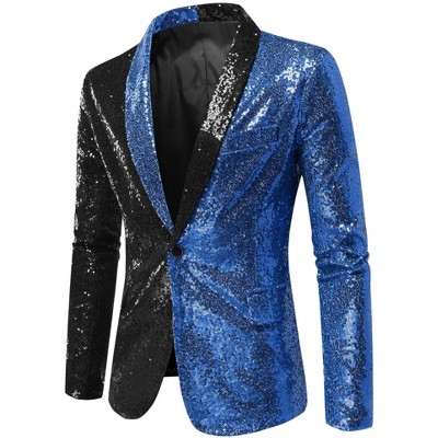 INSPIRE CHIC Men's Shawl Lapel Party Disco Shinny Color Block Sequin Blazer