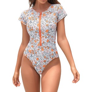 BLUEMING Womens One Piece Swimsuits Mock Neck Zipper Short Sleeve Printed Bathing Suits - 1 of 4