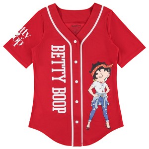 Ladies Betty Boop Baseball Jersey - Betty Boop, Bonnie , Margie, and Mae Mesh Button Down Baseball Jersey - Betty Boop Vintage Shirt (Red, Medium) - 1 of 4